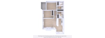 A 3D rendering of a modern apartment layout with a kitchen, living room, and bedrooms.