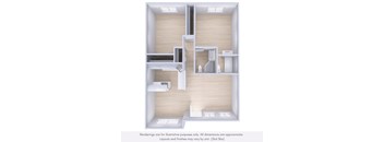 A 3D rendered image of a small, open-plan apartment layout.