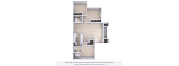 A 3D rendering of a modern apartment layout with various rooms and furniture.