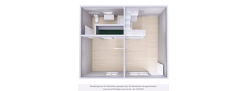A rendering of a modern, minimalist bathroom with a toilet, sink, and mirror.