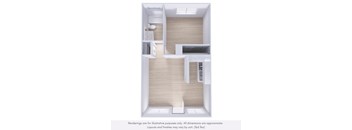 A 3D rendering of a modern, minimalist apartment layout.