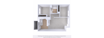 A 3D rendering of a small, modern apartment with a kitchen, living room, and bedroom.