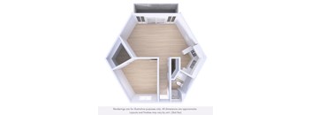 A top-down view of a house interior with a kitchen, living room, and one bedrooms.