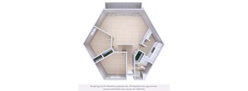 A top-down view of a hexagonal room with a kitchen area and a living room.