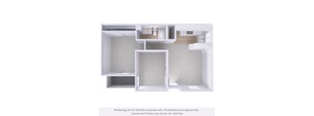A white interior design rendering of a room with a kitchen area.