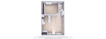 A 3D rendering of a modern, minimalist interior design with a kitchen, living room, and bathroom.