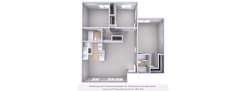 A 3D in-home layout showing a kitchen, living room, and bedroom.