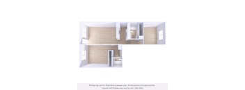 A rendering of a house with two bedrooms and a living area.