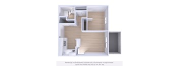 A 3D rendering of a modern, minimalist interior design with wooden walls and white accents.