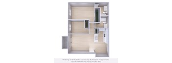 A 3D rendering of a house layout with a kitchen, living room, and bathroom.