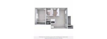 A 3D rendering of a modern kitchen and living room.