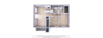 A diagram of a house layout with a kitchen, living room, and bathroom.