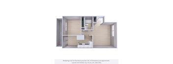 A 3D rendering of a house layout with a kitchen, living room, and bathroom.