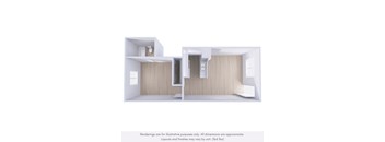 A 3D rendering of a modern, minimalist interior design with a split-level layout.