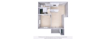 A diagram of a house layout with a kitchen, living room, and bathroom.