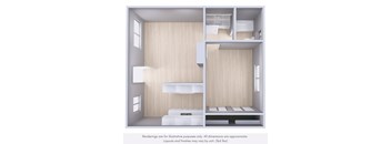 A rendering of a room with a bed, a desk, and a window.