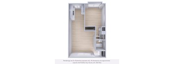 A 3D rendering of a modern interior space with wooden floors and white walls.