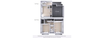 A diagram shows the layout of a two-story apartment with a garage.