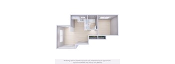 A 3D rendering of a modern, minimalist interior design with a central staircase and a kitchen area.