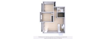 A 3D rendering of a house layout with a kitchen, living room, and bathroom.