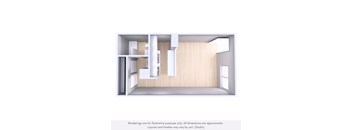A rendering of a room with a kitchen area and a living room.
