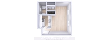 A 3D rendering of a modern, minimalist kitchen and living room.