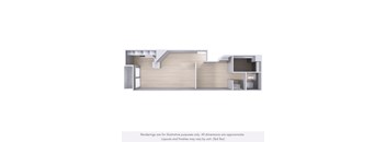 A 3D rendering of a modern interior space with a staircase and a kitchen area.