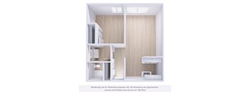 A rendering of a kitchen with wooden walls and white appliances.