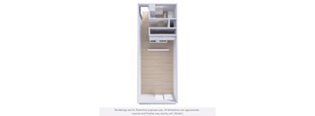 A 3D rendering of a modern, minimalist interior design.
