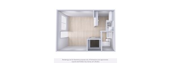 A rendering of a modern kitchen with a sink, stove, and cabinets.
