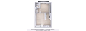 A floor plan of a small apartment with a kitchen, living room, and bathroom.
