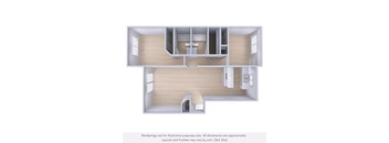 A 3D rendering of a small, modern apartment with a kitchen and living room.