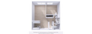 A rendering of a modern, minimalist room with a skylight, built-in shelves, and a small desk.