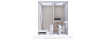 A 3D rendered image of a small, white room with a desk and a bench.