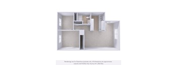 A 3D rendering of a house layout with a kitchen, living room, and bathroom.