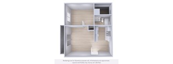 A 3D rendered image of a small apartment layout.