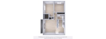 A 3D rendering of a house layout with a kitchen, living room, and bathroom.