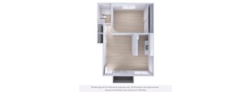 A 3D rendering of a room with a kitchen area and a bathroom.
