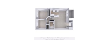 A 3D rendering of a small, modern apartment with a kitchen, living room, and bathroom.