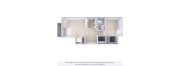 A 3D rendering of a modern, minimalist room with a kitchen area.