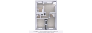 A diagram of a two-bedroom apartment with a kitchen and bathroom.
