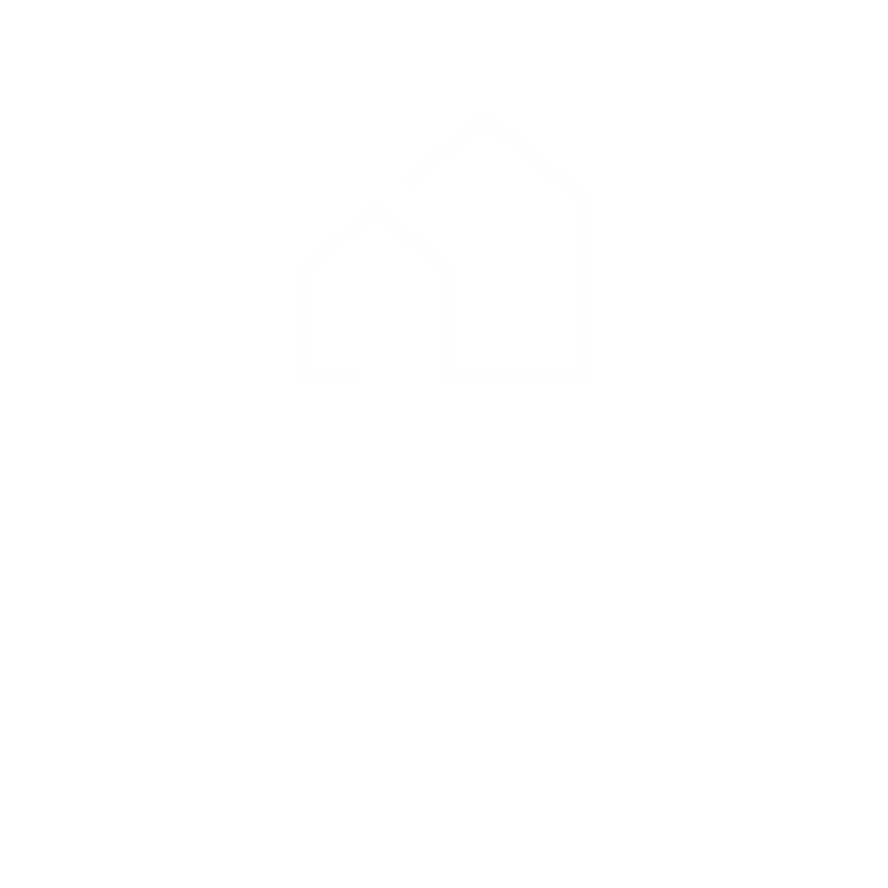 A black and white logo for Windrush Apartments.