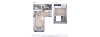Two story layouts of a room with a kitchen and a bathroom.