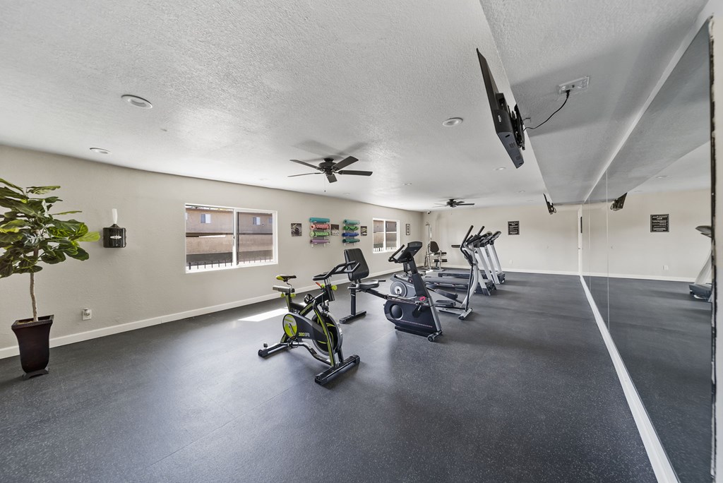 A room with a grey floor and a white ceiling has exercise equipment.