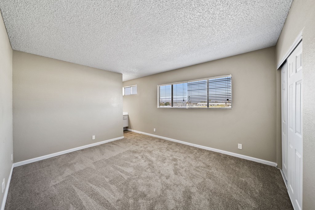 A room with a carpeted floor and a window with blinds.