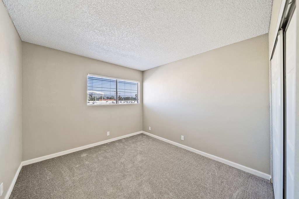 A room with a window and carpeted floor.