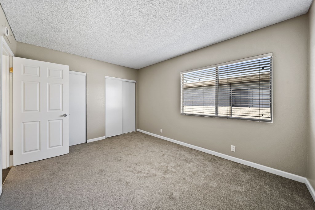 A room with a white door, a window with blinds, and a carpeted floor.