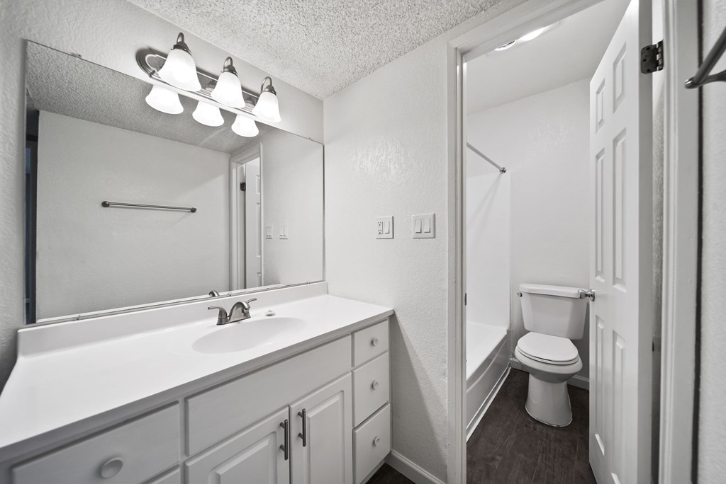 A bathroom with a toilet, sink, and mirror.