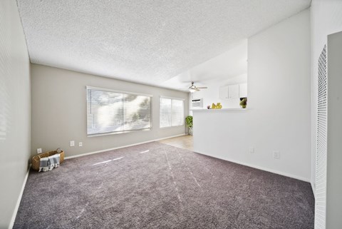 A sparsely furnished room with a carpeted floor and a window with blinds.