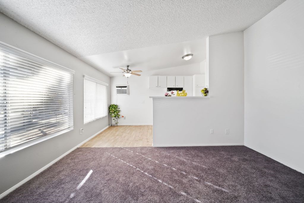 A room with a purple carpet and a ceiling fan.